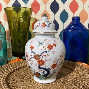 Vintage Japanese Kyoei Cherry Blossom Porcelain Temple Jar with Gold Accents
